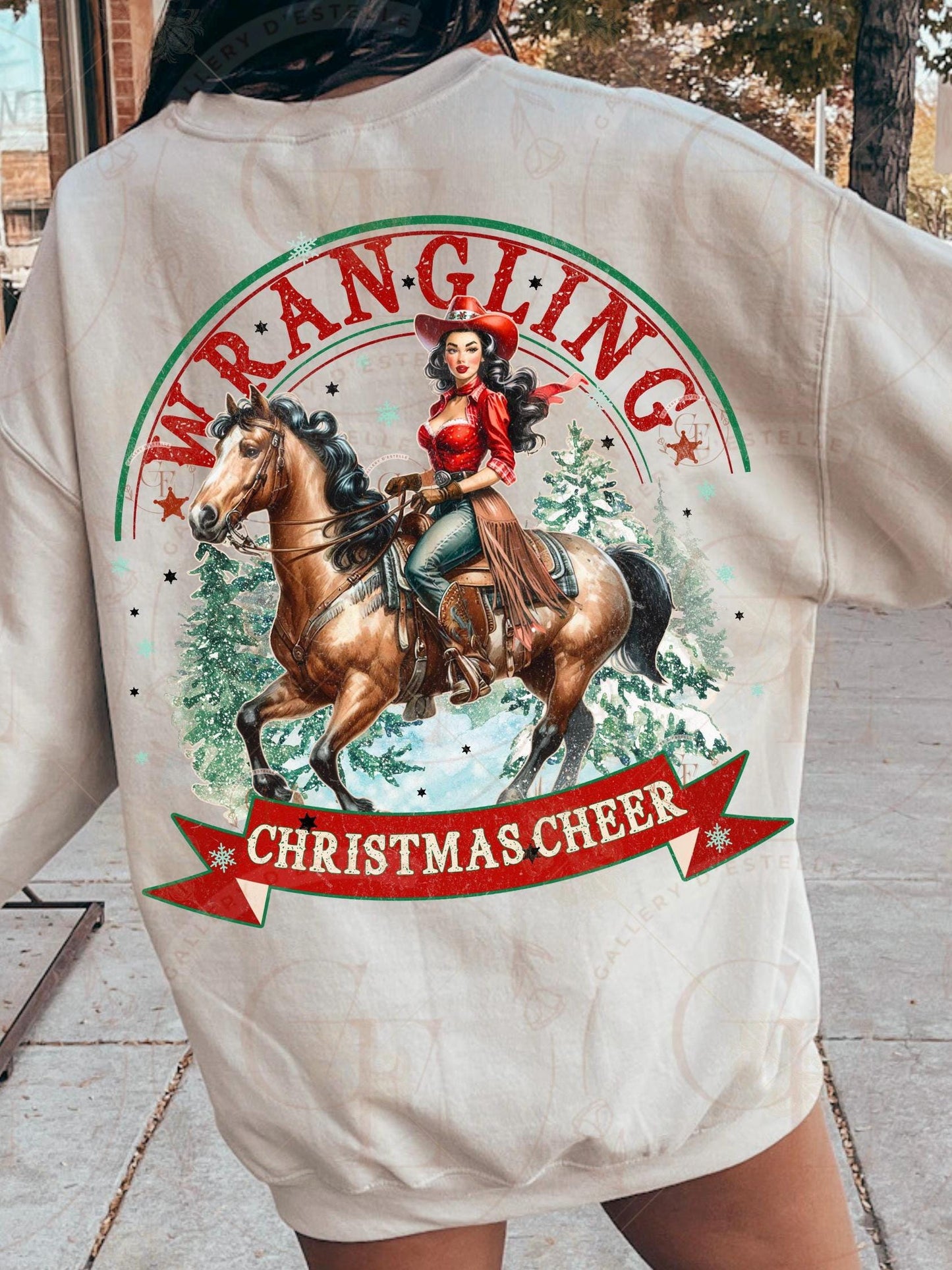 Wrangling Christmas Cheer PNG, Retro Cowgirl Holiday Graphic, Festive Westerm Rodeo Sublimation, Trendy Country Shirt Design