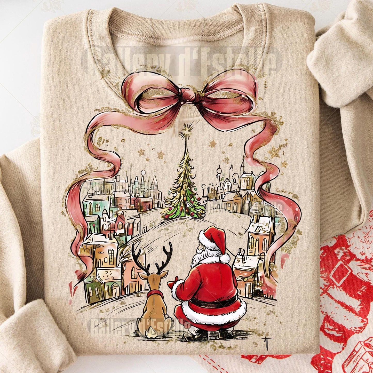 Coquette Christmas Town PNG, Retro Santa & Reindeer Graphic, Whimsical Holiday Shirt Design, Festive Christmas Art