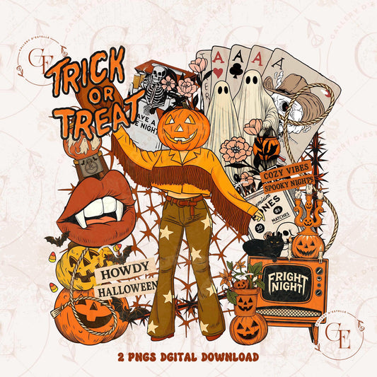 Halloween-themed digital download with pumpkins, ghosts, and a television set on a light background.
