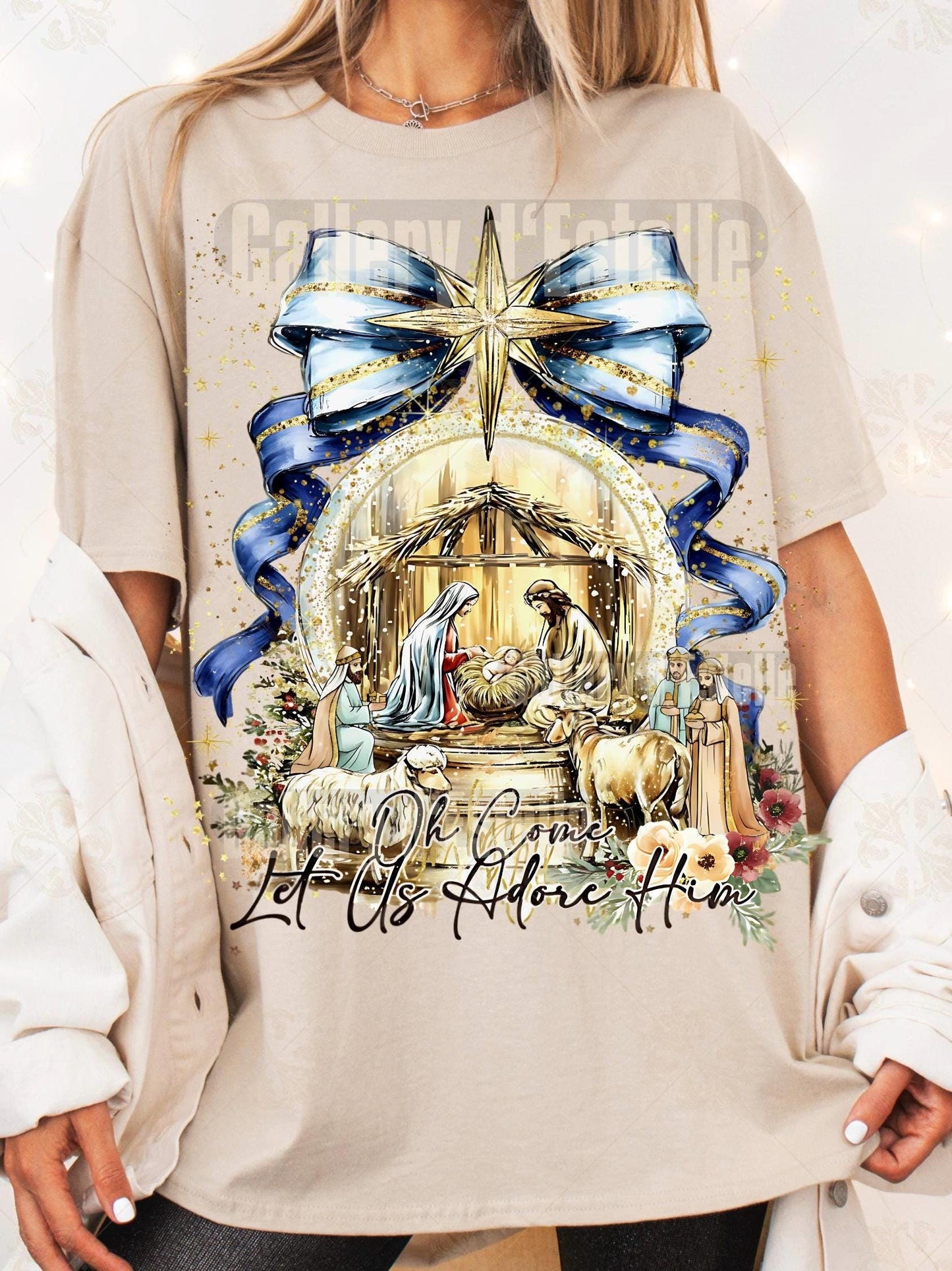 Coquette Nativity Scene PNG, Let Us Adore Him Christian Graphic, Glitter Christmas Sublimation, Cute Holiday Shirt Design