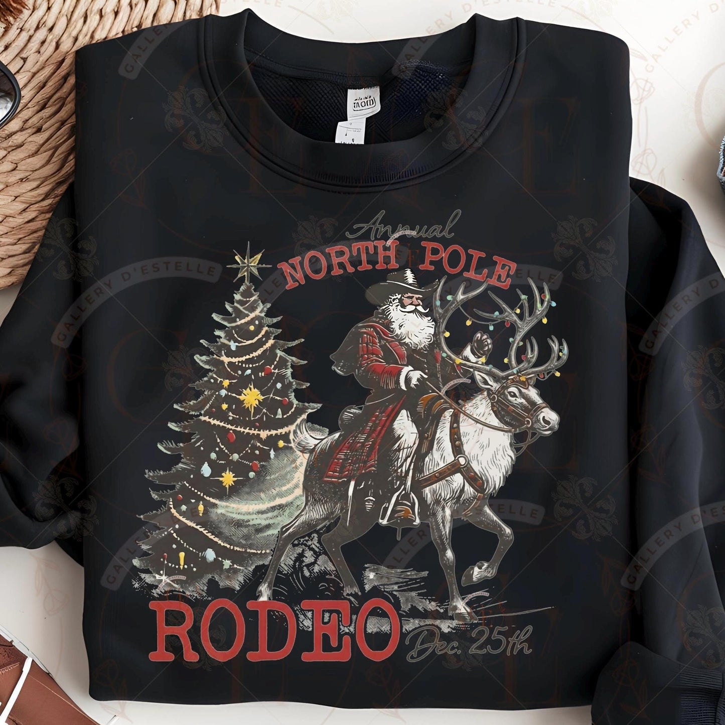 North Pole Rodeo PNG, Retro Cowboy Christmas Graphic, Santa Riding Reindeer Western Design, Vintage Holiday Shirt Sublimation