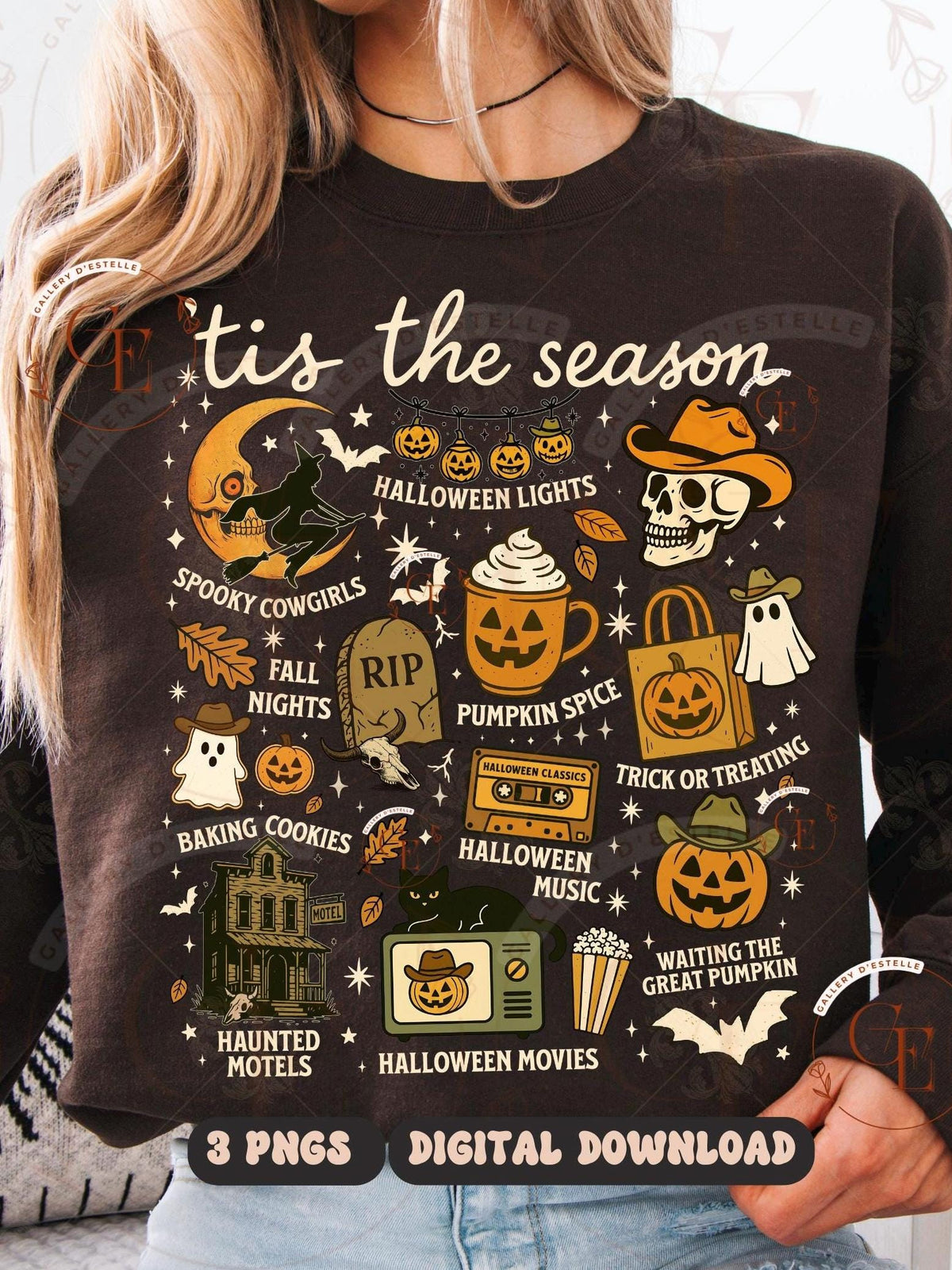 Person wearing a black sweatshirt with Western Halloween-themed graphics and a text 'Tis the season'