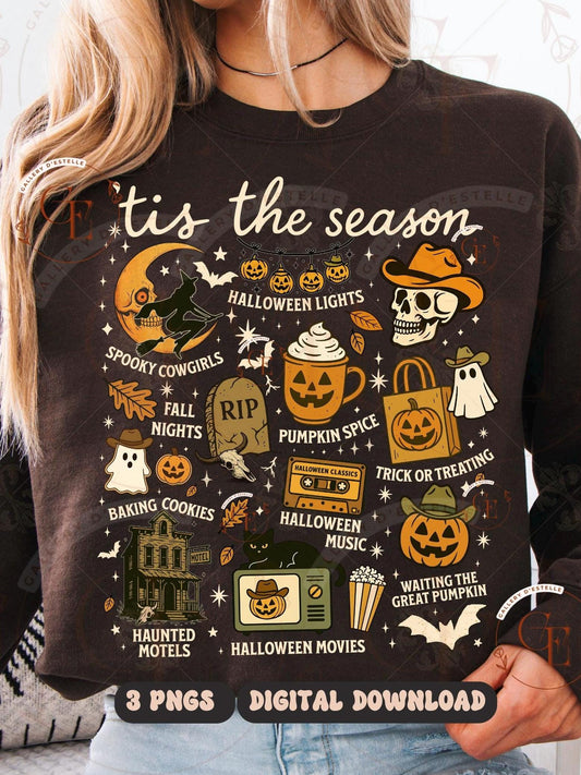 Person wearing a black sweatshirt with Western Halloween-themed graphics and a text 'Tis the season'