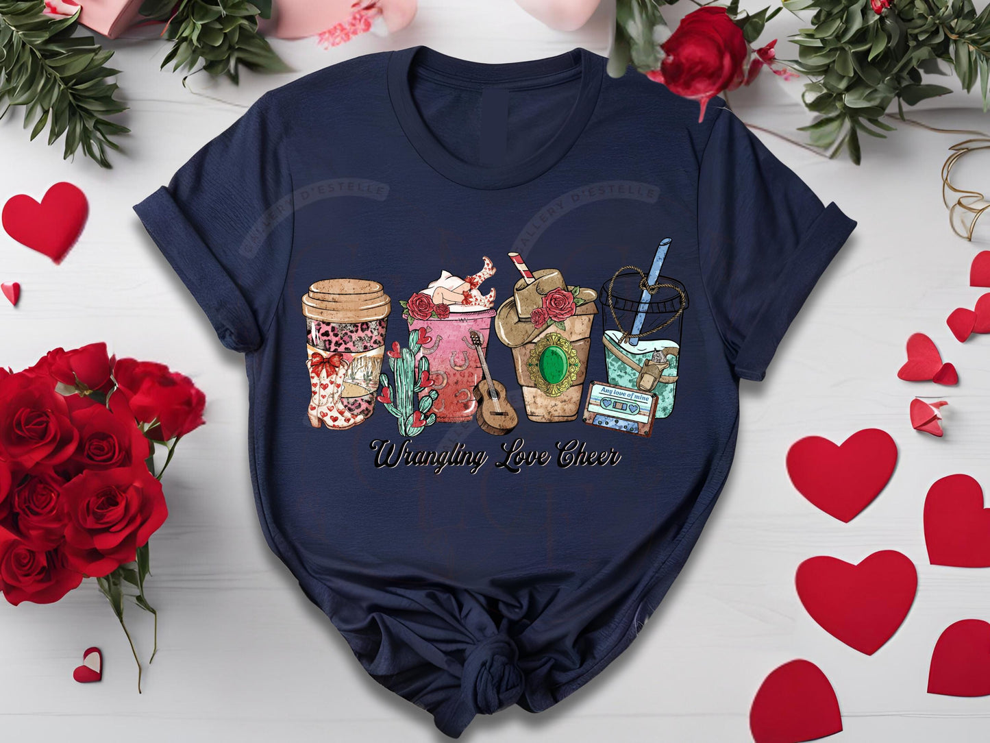 Wrangling Love Essentials PNG, Rustic Cowgirl Coffee Cup Graphic, Retro Valentine Country Shirt Design