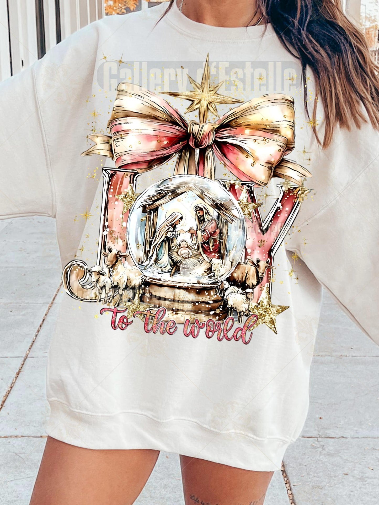 Joy to the World Nativity Scene PNG, Preppy Christian Graphic, Pink Christmas Sublimation, Coquette Holiday Shirt Design