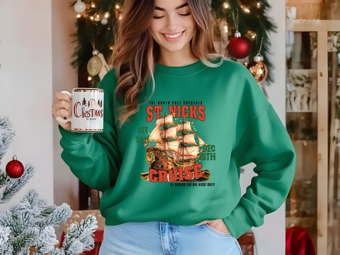 St. Nick's North Pole Cruise PNG, Vintage Christmas Sailing Ship Graphic, Western Cowboy Art, Festive Countrty Shirt Design