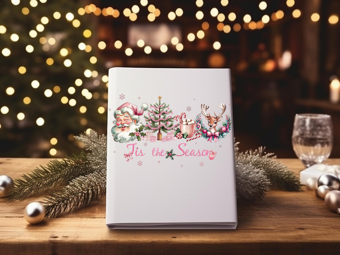 Tis the Season Christmas PNG, Retro Pink Holiday Graphic, Cute Santa and Reindeer Design, Coquette Festive Shirt Sublimation