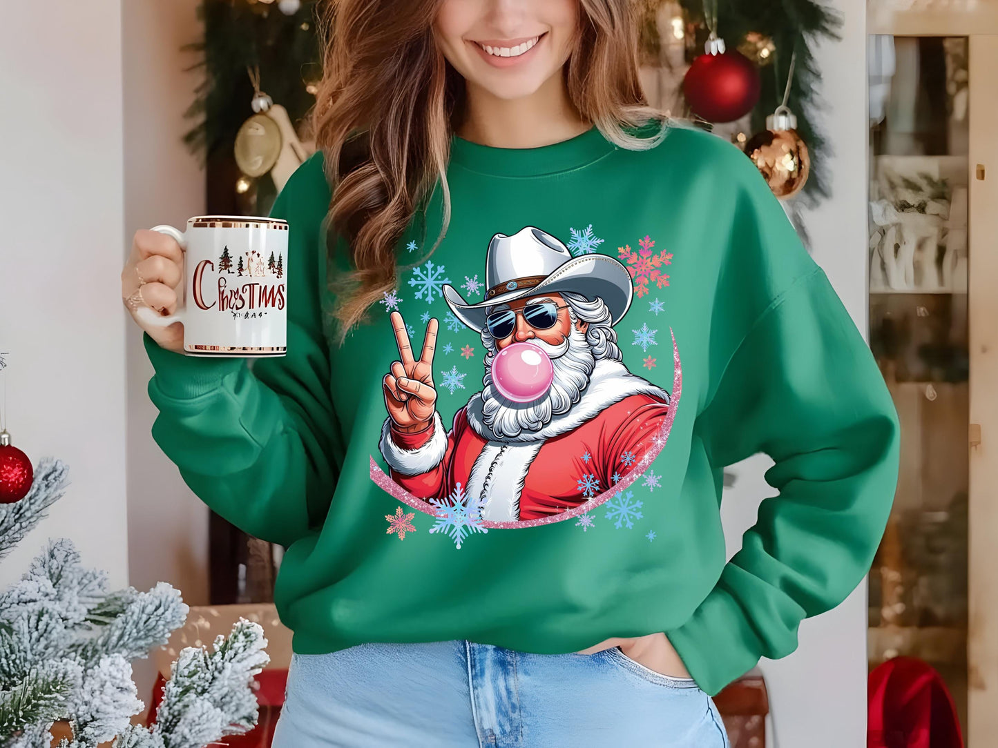 Retro Cowboy Santa Blowing Bubble PNG, Funny Western Christmas Shirt Design