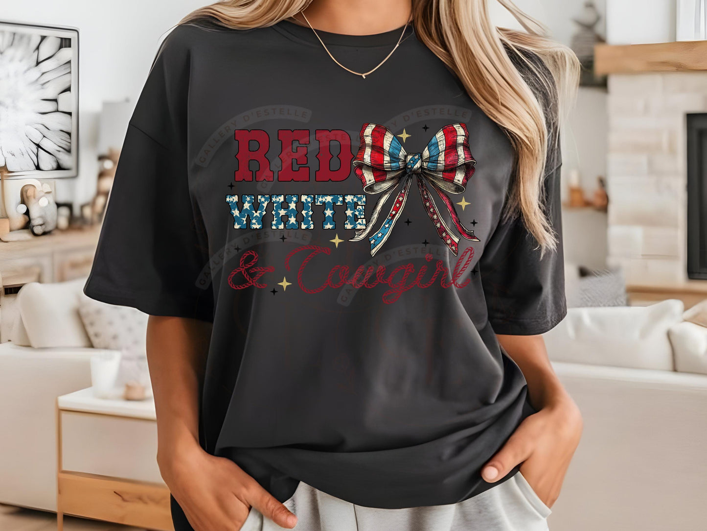 Red White & Cowgirl PNG, Retro Western 4th of July Graphic, Coquette Patriotic Rodeo Shirt Design