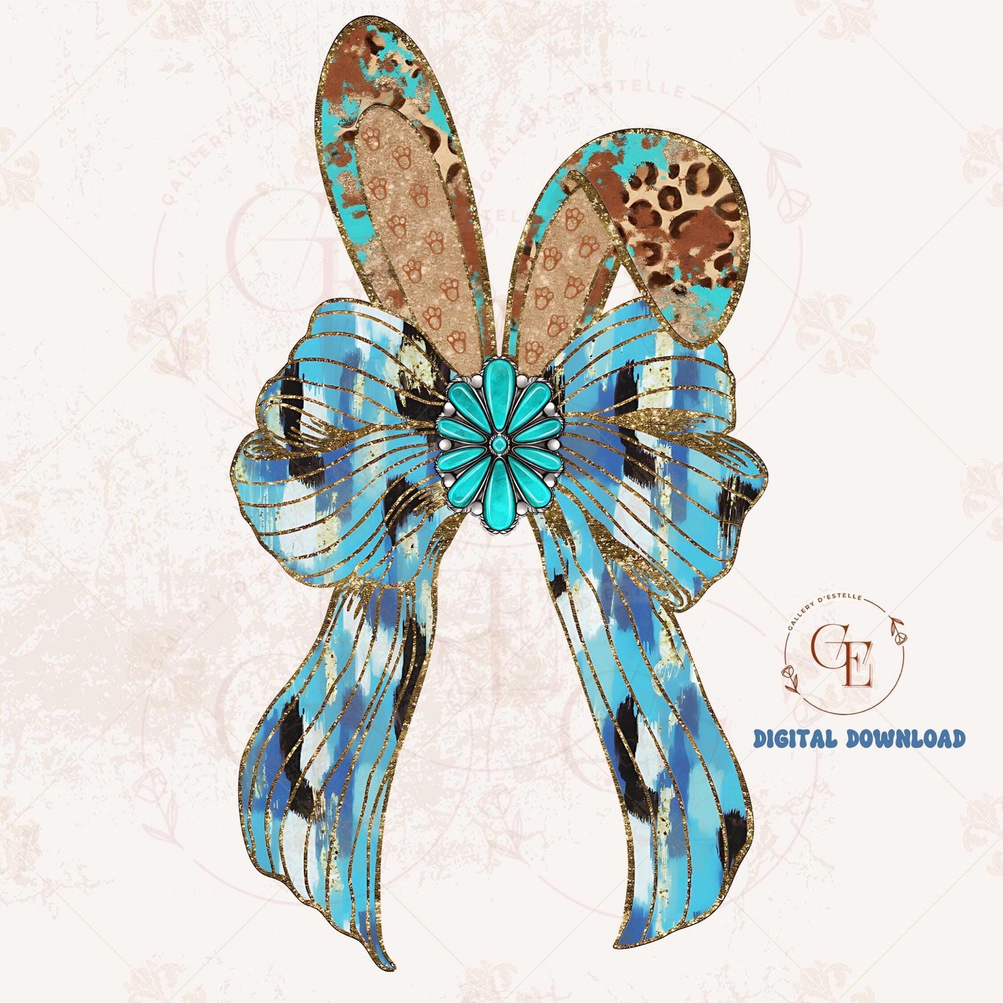Western Coquette Glitter Bow PNG, Blue Brushstroke Easter Bunny Graphic, Trendy Cowgirl Shirt Design
