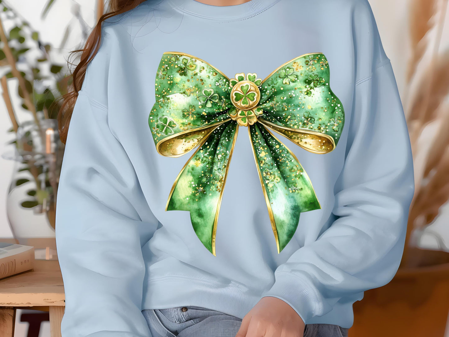 St. Patrick’s Day Green Bow PNG, Glittery Lucky Charm Design, Coquette Clover Clipart