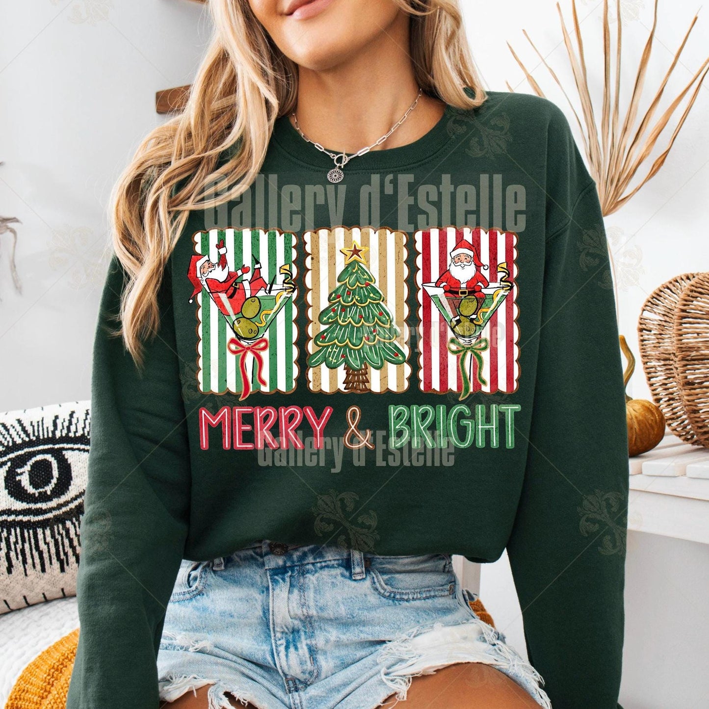 Coquette Merry and Bright PNG, Retro Christmas Cocktail Graphic, Festive Santa Martini Art, Cute Holiday Shirt Design