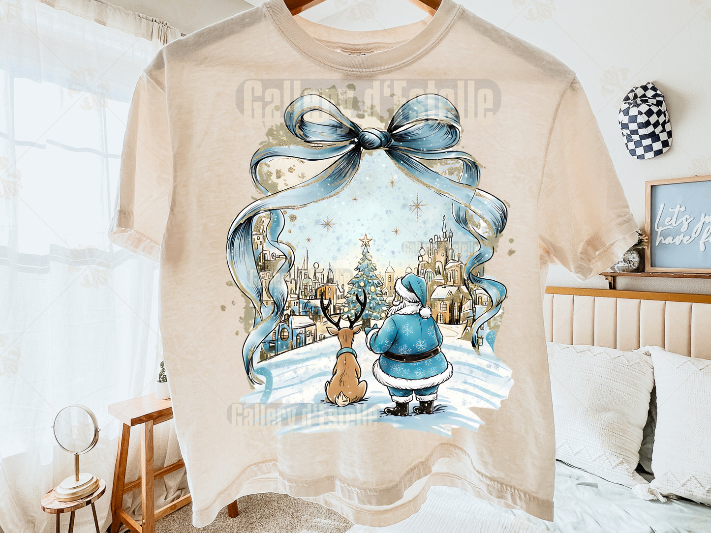 Blue Christmas Town PNG, Retro Santa and Reindeer, Whimsical Winter Holiday Sublimation, Coquette Shirt Design