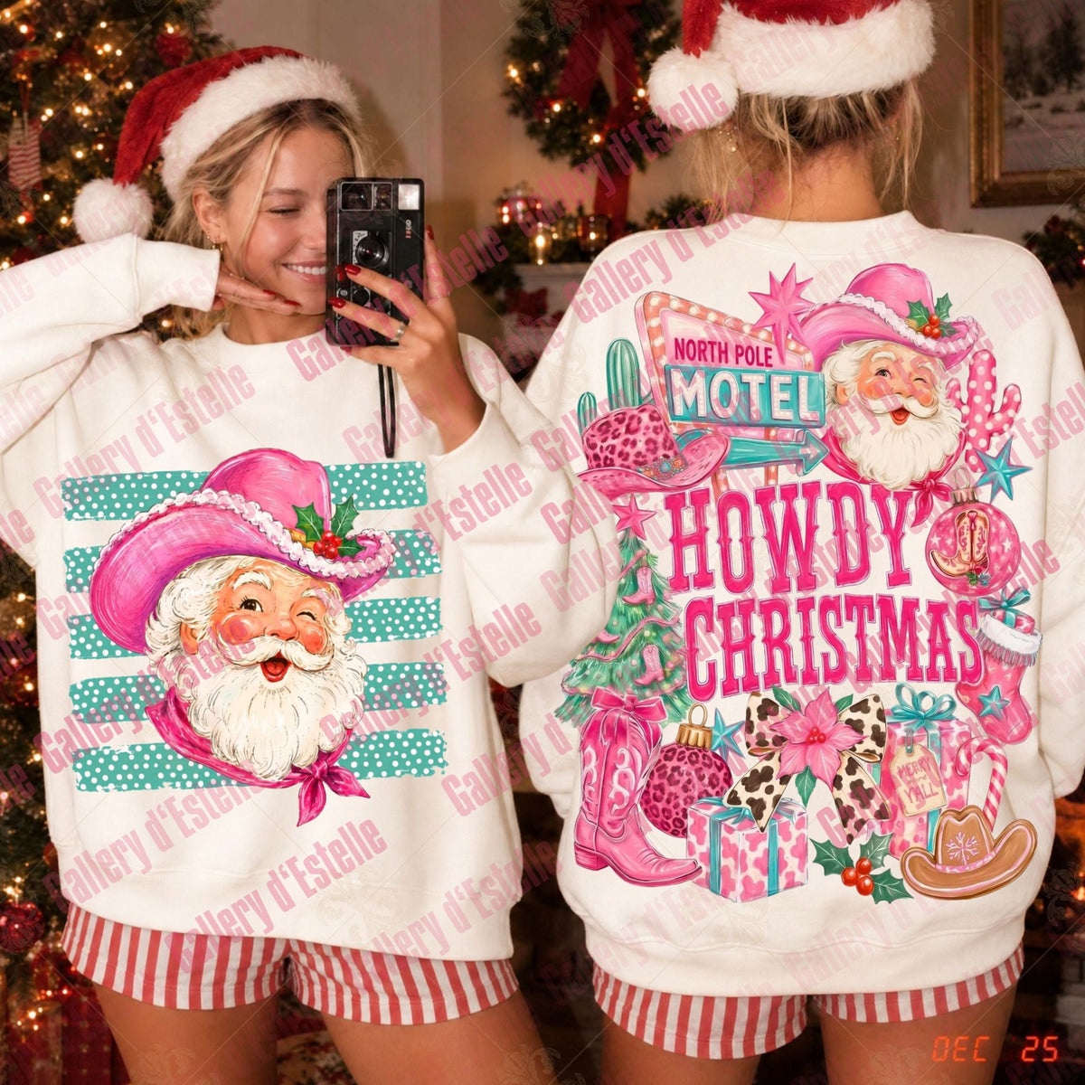 A woman shown from the front and back wearing a white Christmas-themed sweatshirt with a pink Santa graphic on the front and a large pink 'Howdy Christmas' design on the back, paired with red and white striped shorts and a Santa hat in a decorated holiday room.