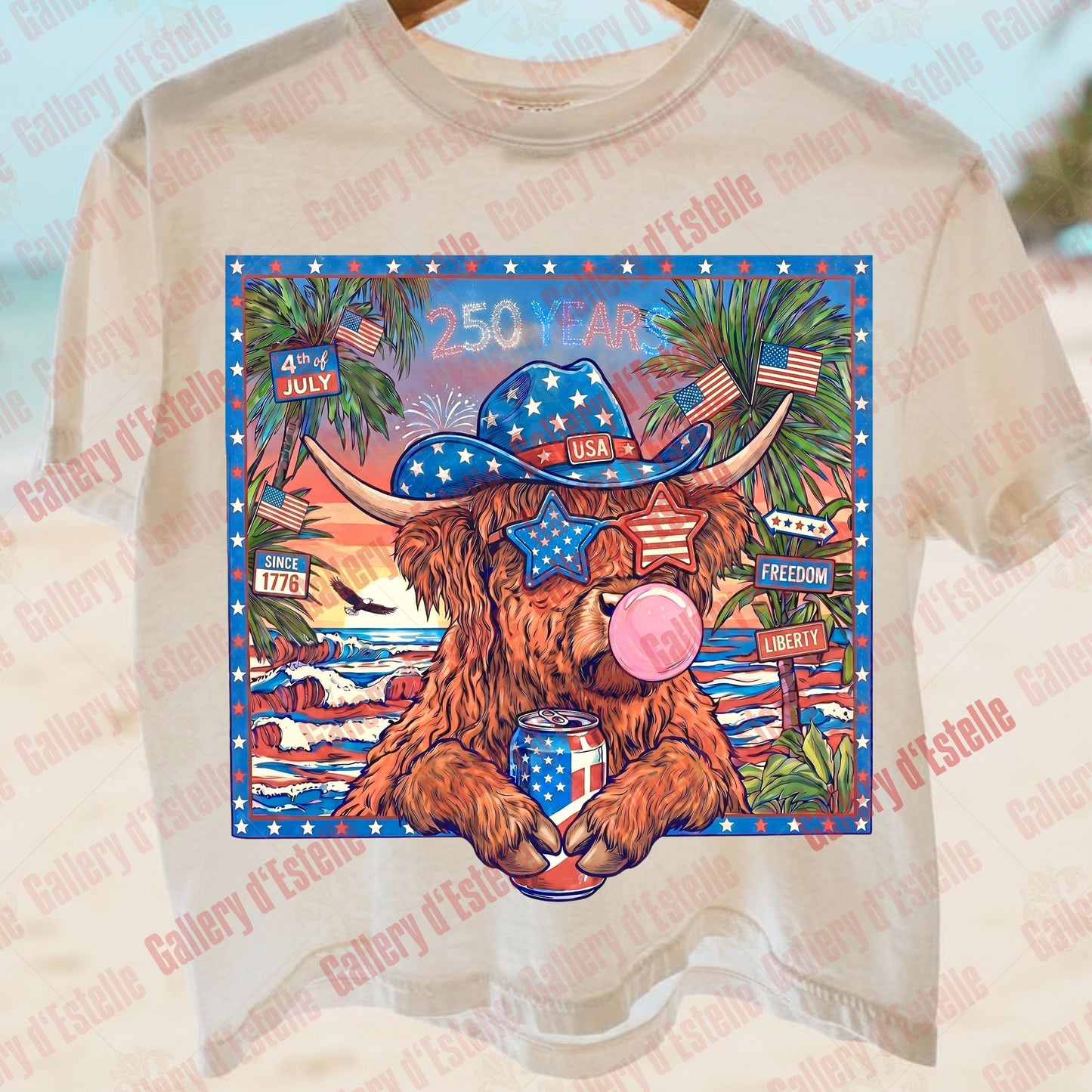 Patriotic Highland Cow PNG, Western 4th of July Graphic, Trendy USA Freedom Shirt Design