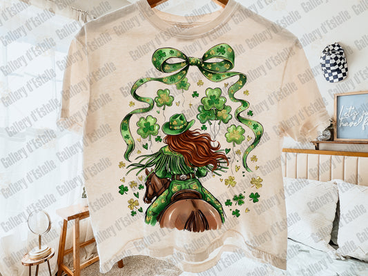 Western St Patrick’s Cowgirl PNG, Retro Country Rodeo Art, Coquette Lucky Shirt Design