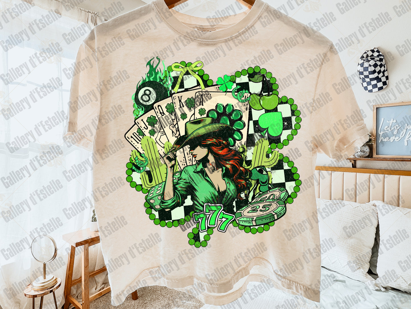 Western St Patricks Day Lucky Girl PNG, Checkered Turquoise Shamrock Graphic, Retro Cowgirl Playing Cards Design, Country Shirt Sublimation