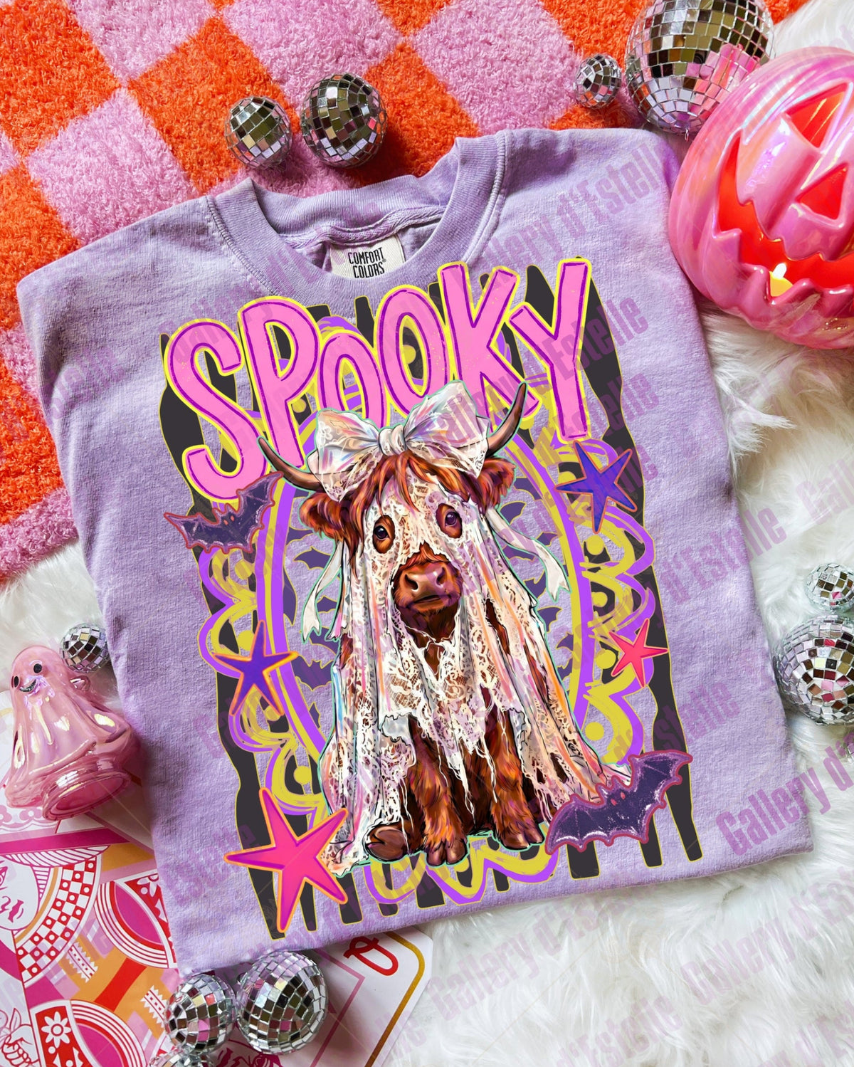 Preppy Spooky Highland Cow PNG, Retro Funny Ghost Graphic, Trendy Halloween Shirt Design