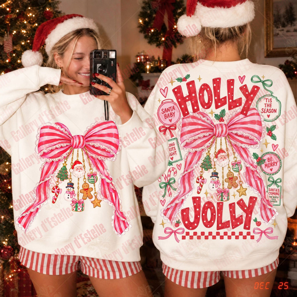 A woman wearing a white Christmas sweater with a large pink bow and red 'HOLLY JOLLY' text, shown from both front and back in a holiday-themed indoor setting with a Christmas tree in the background.