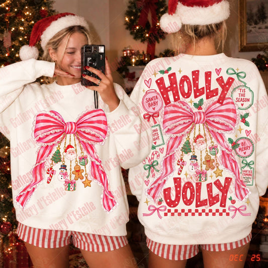 A woman wearing a white Christmas sweater with a large pink bow and red 'HOLLY JOLLY' text, shown from both front and back in a holiday-themed indoor setting with a Christmas tree in the background.