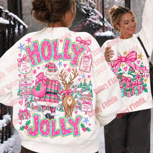 A white crewneck sweatshirt with a large colorful Christmas graphic on the back, featuring the words 'HOLLY JOLLY' in pink and green, a reindeer, gifts, and bows. The image shows a model from behind wearing the sweatshirt and on the righ the front view of the sweatshirt with a matching pink bow and gifts graphic.