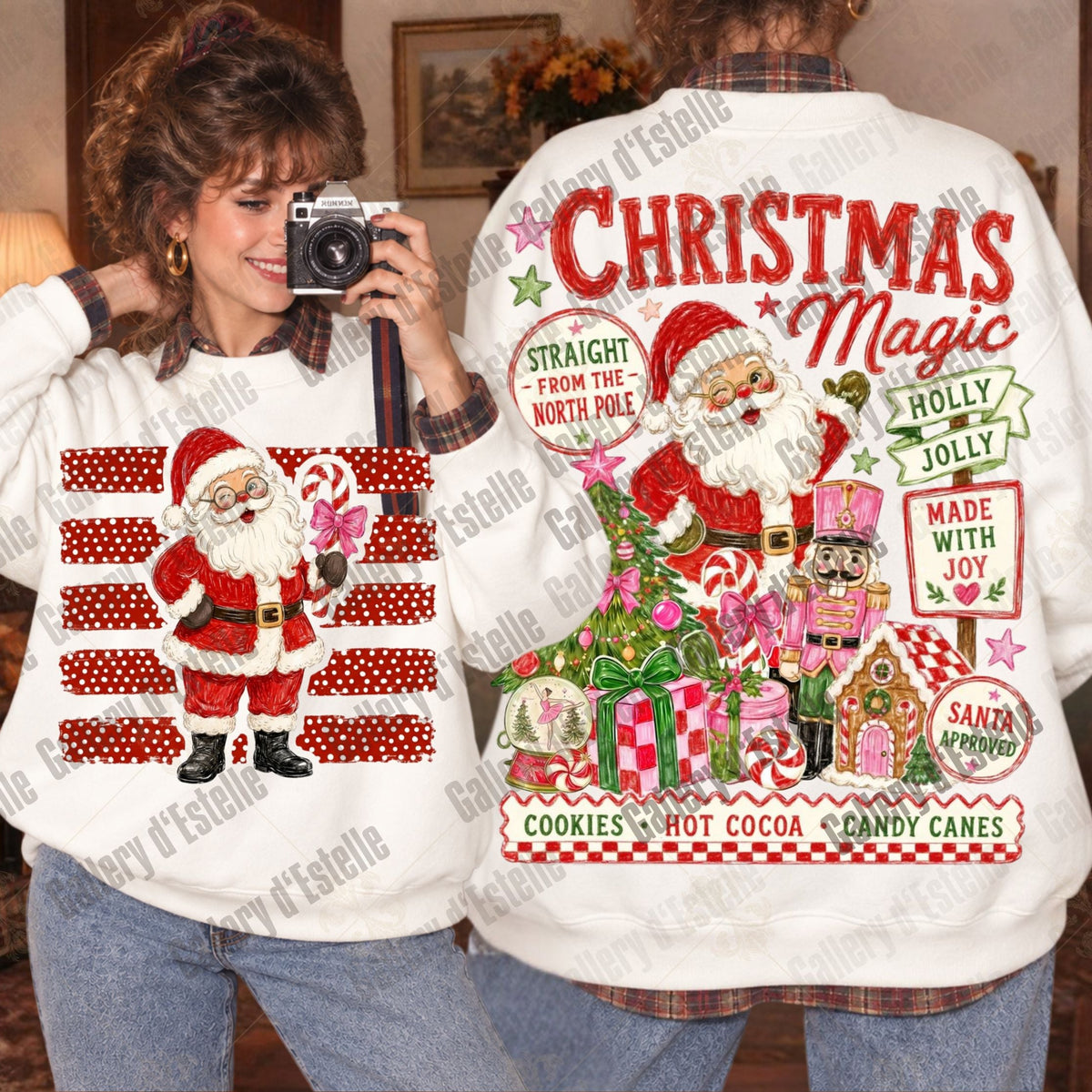 A person modeling a white Christmas-themed sweatshirt, showing both the front and back views. The front features a graphic of Santa Claus on a red and white striped background.