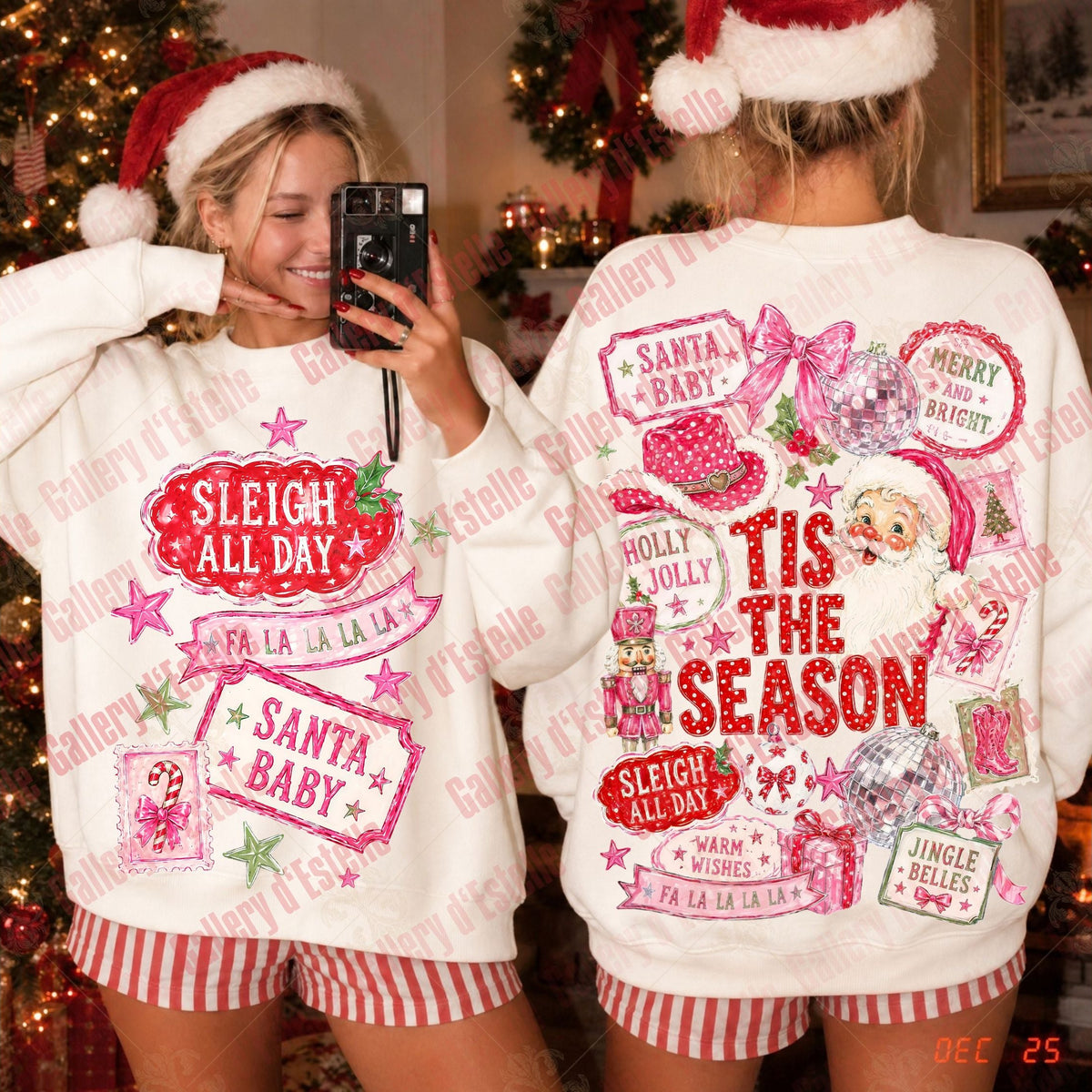 Two women wearing matching Christmas-themed white sweatshirts with red and pink holiday graphics, shown in a mirror selfie in front of a decorated Christmas tree. One view shows the front design and the other shows the back design with text including 'Sleigh All Day', 'Santa Baby', 'Tis the Season', and 'Merry and Bright'.