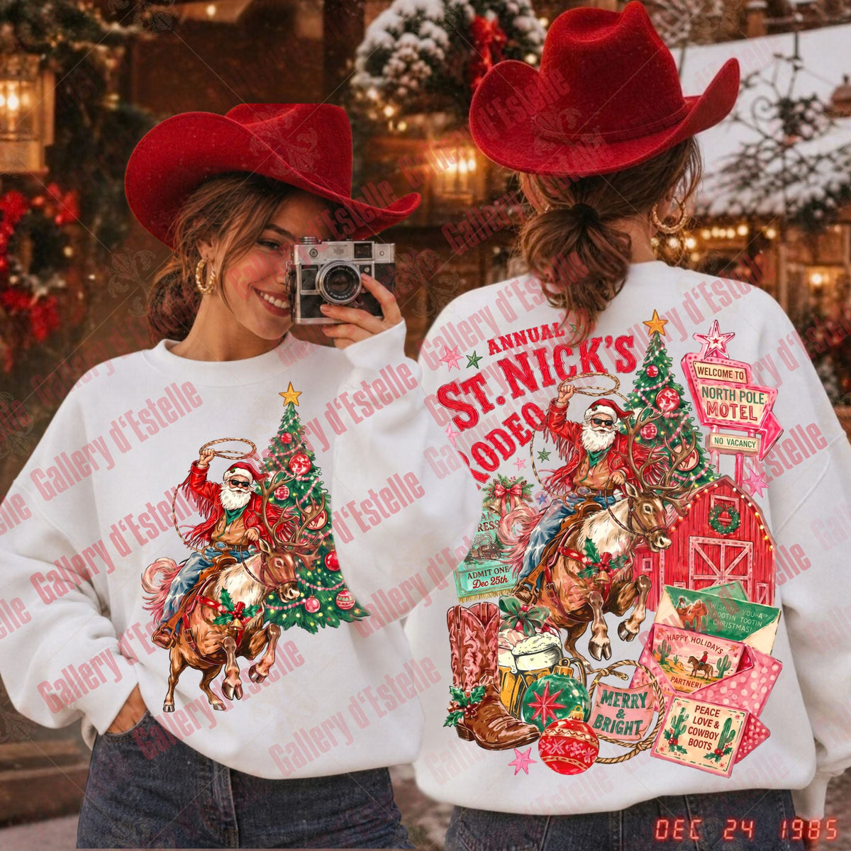 Two women wearing matching white Christmas cowboy sweatshirts, shown from the front and back in a festive outdoor setting. The front features a Santa riding a horse next to a Christmas tree, and the back features a large graphic reading 'Annual St. Nick's Rodeo'