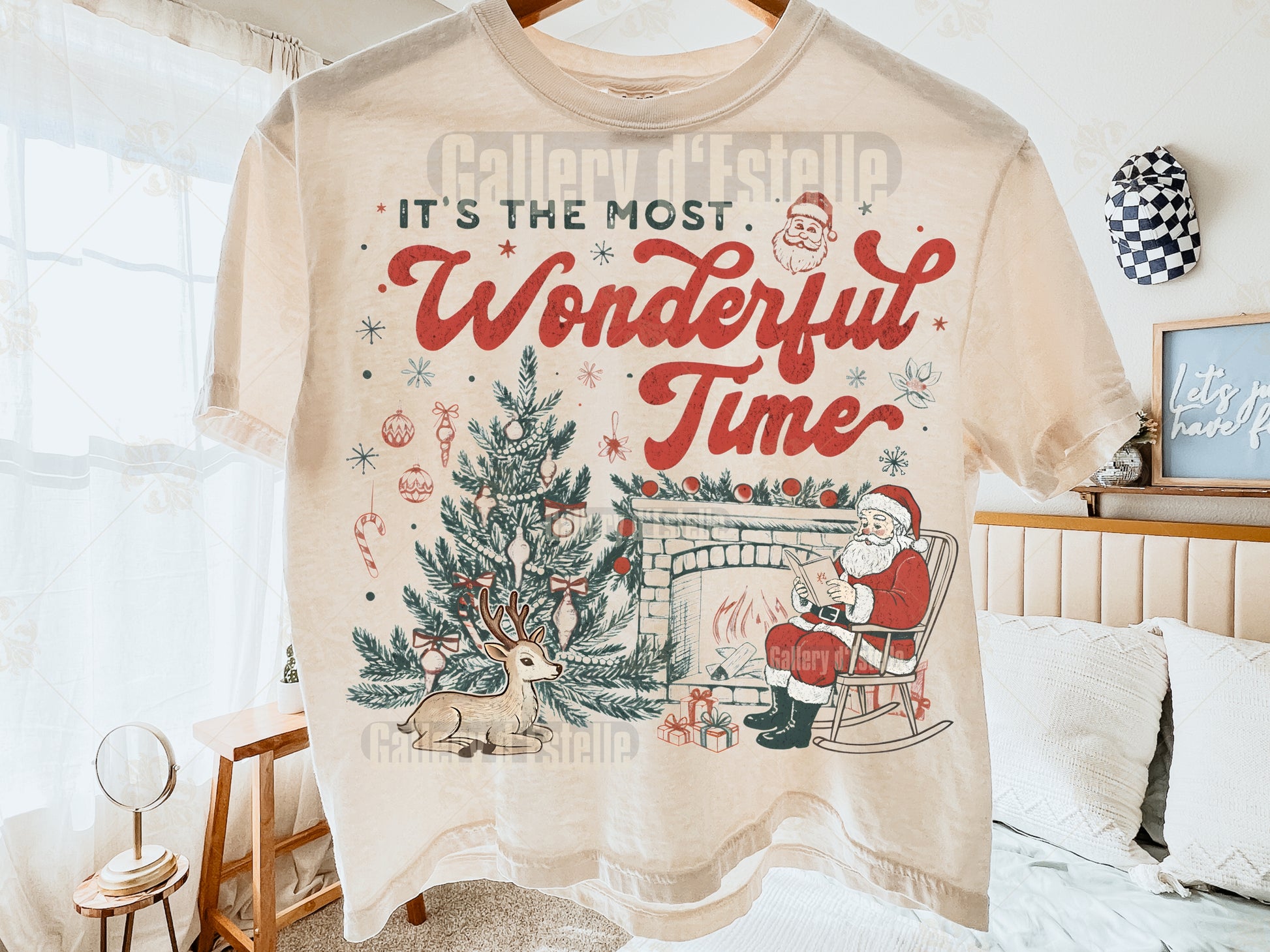 Beige t-shirt with Christmas design and text 'It's the most wonderful time' on a festive background.