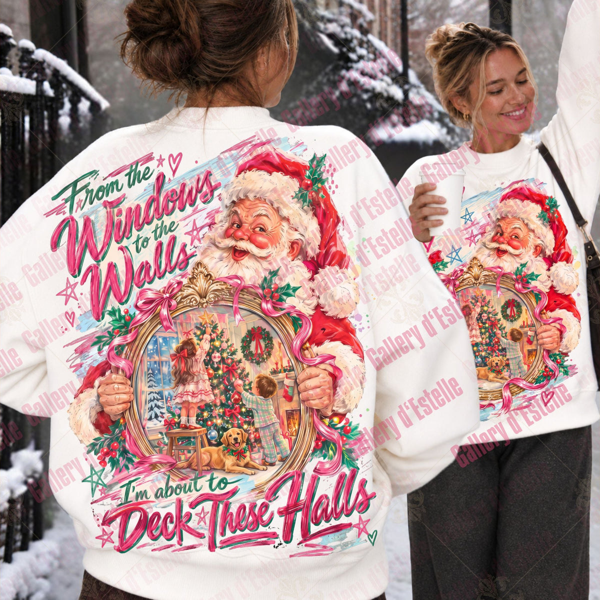 A woman wearing a white sweatshirt with a large colorful Christmas graphic on the back, shown outdoors in a snowy setting. A mirror reflection on the right shows the front of the sweatshirt with a matching Santa graphic.