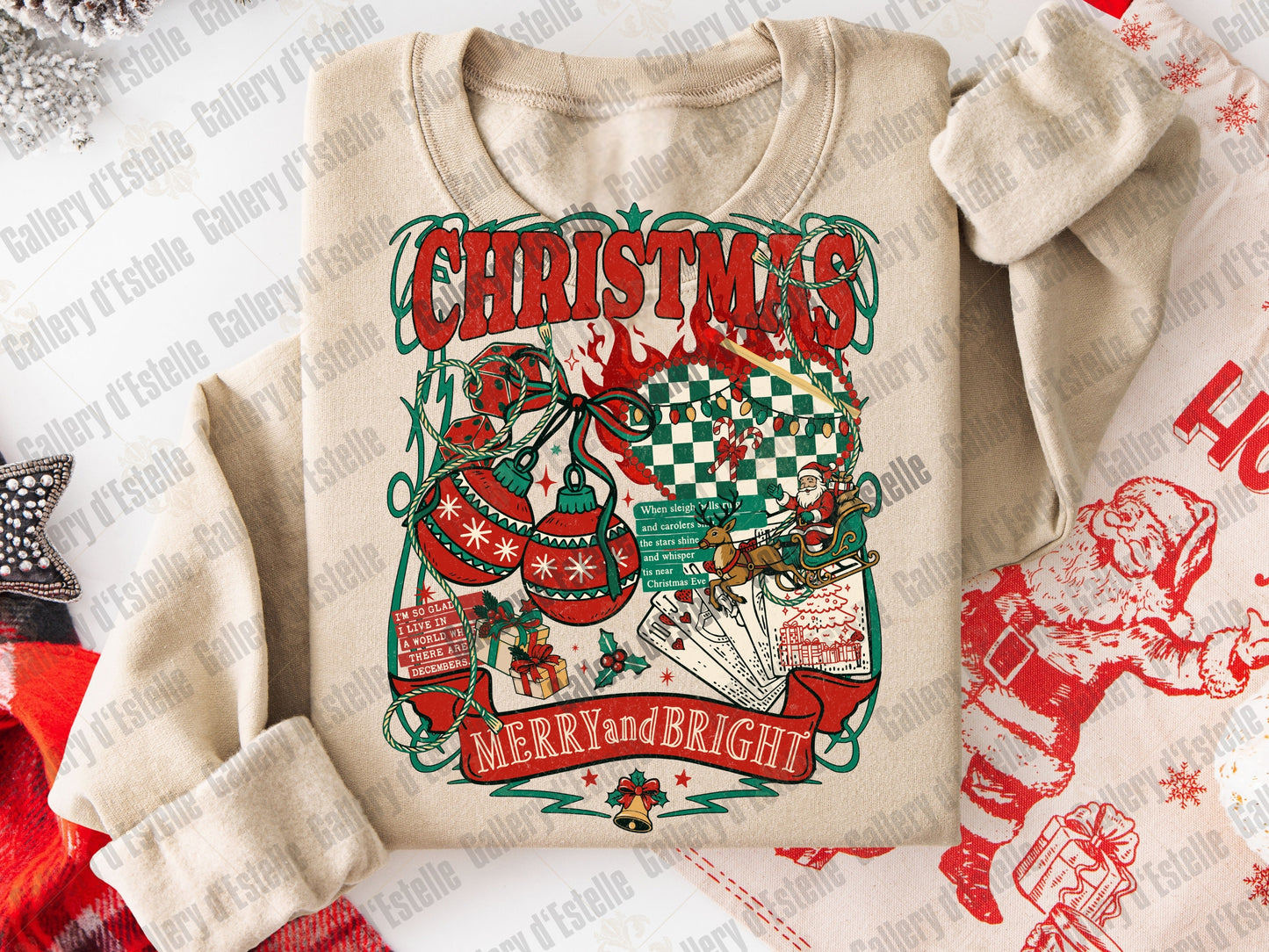 Beige sweatshirt with Christmas-themed graphic design on a patterned background