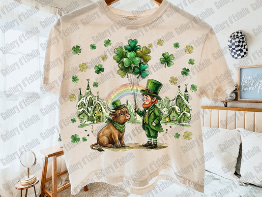 Whimsical St Patrick’s Day PNG, Retro Highland Cow Illustration, Lucky Leprechaun Art, Preppy St Paddy’s Shirt Design
