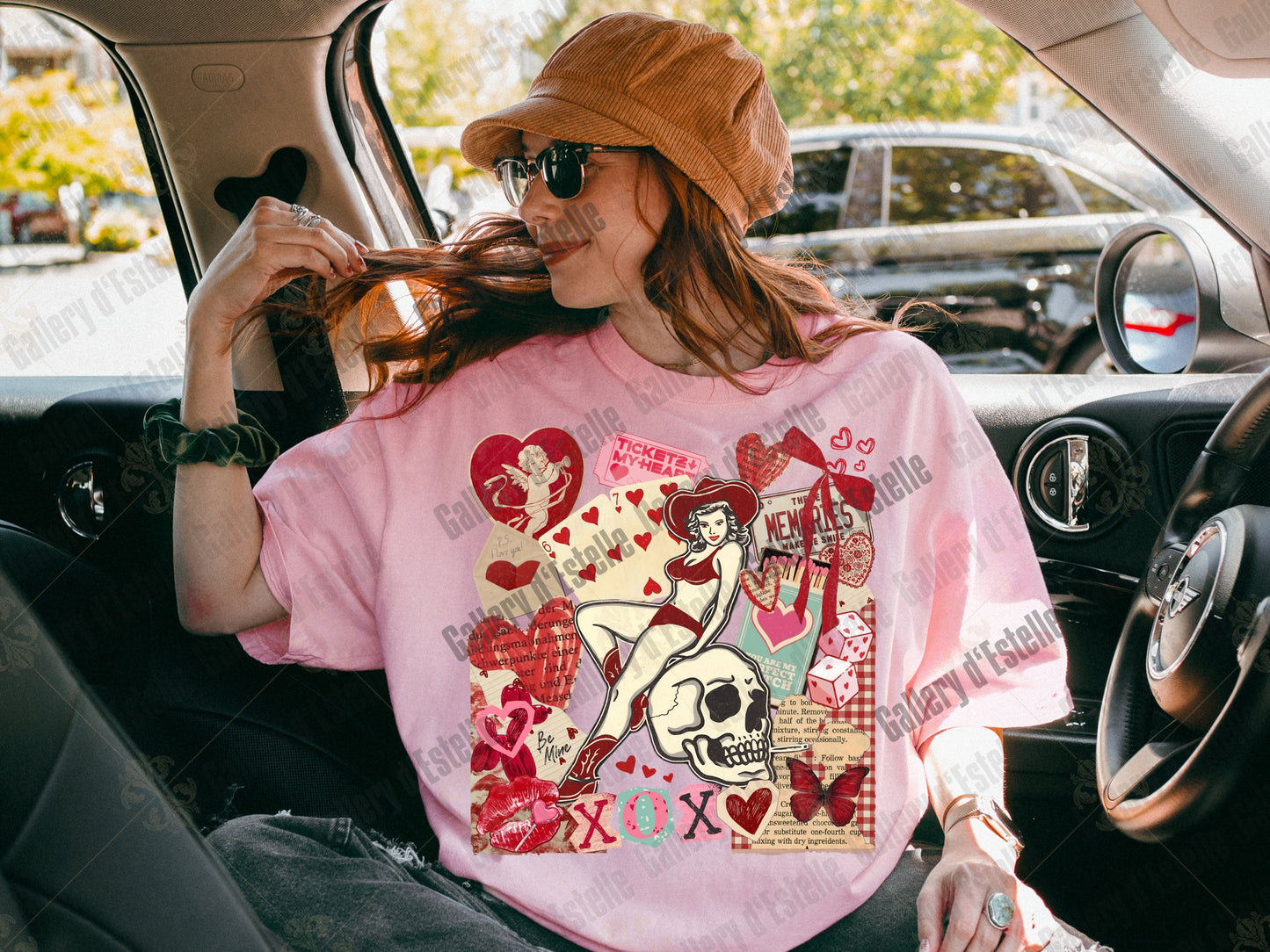 Retro Cowgirl Love Collage PNG, Edgy Y2K Valentine Graphic, Western Pinup Skull Art, Trendy Love Shirt Design
