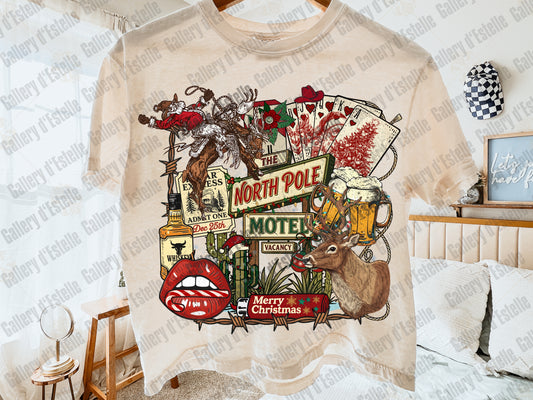 North Pole Motel PNG, Western Christmas Cowboy Holiday Collage, Retro Santa Graphic, Festive Country Shirt Design