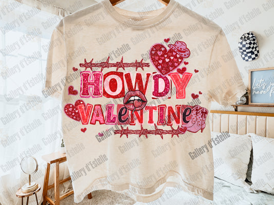 Howdy valentine PNG illustration with retro western glitter text, cowgirl boots, hearts, and coquette love elements in pink and sparkle tones