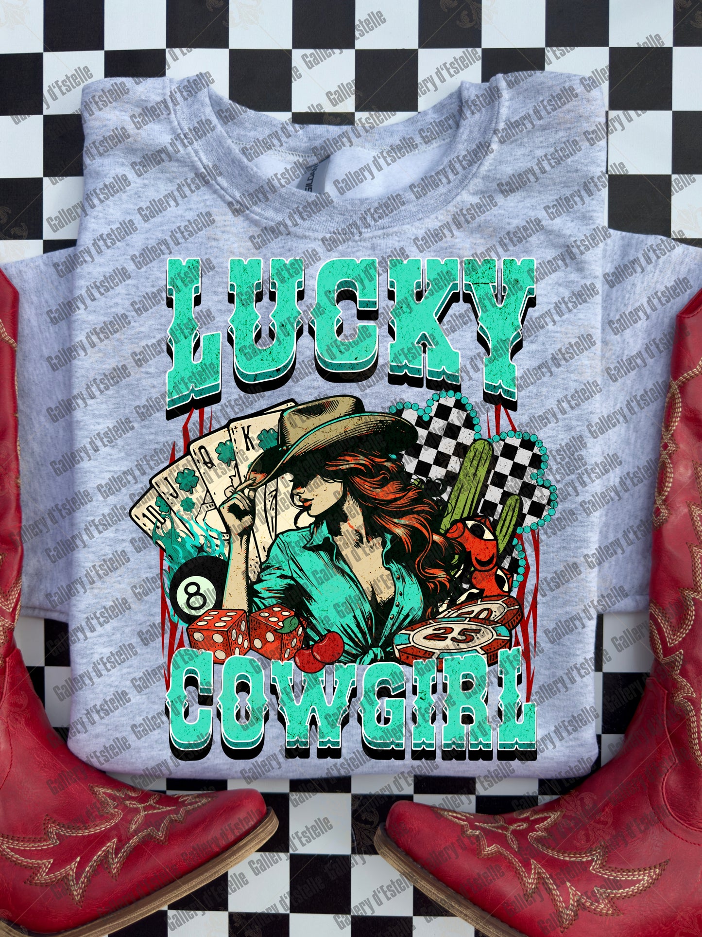 Lucky Cowgirl PNG, Retro Western Casino Aesthetic, Checkered Shamrock Graphic, Wild West Country Shirt Design