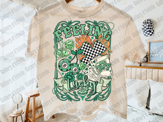 Beige t-shirt with green graphic design featuring text and symbols on a hanger against a bedroom background.