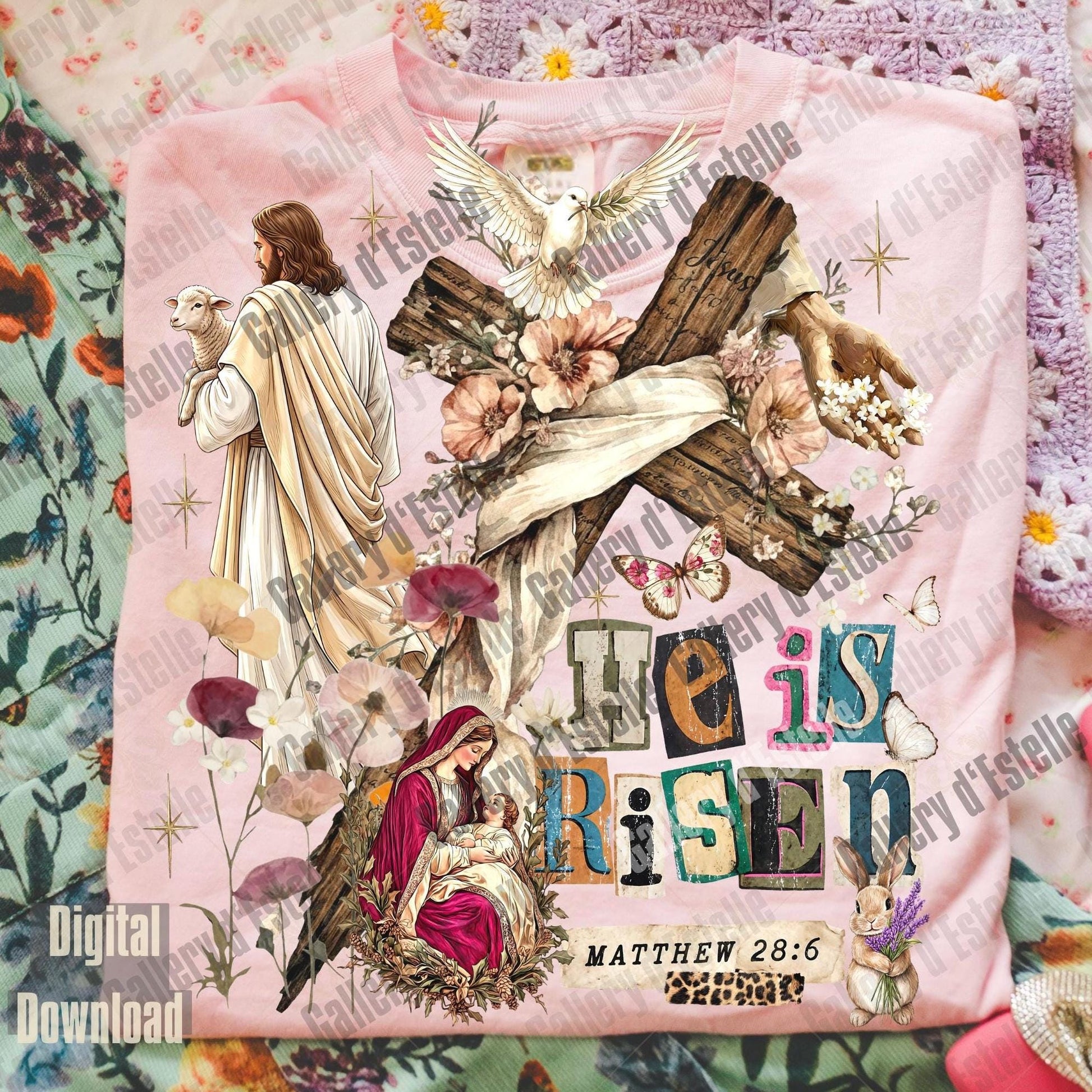 Easter-themed digital download with religious illustrations and 'He is Risen' text on a floral background.