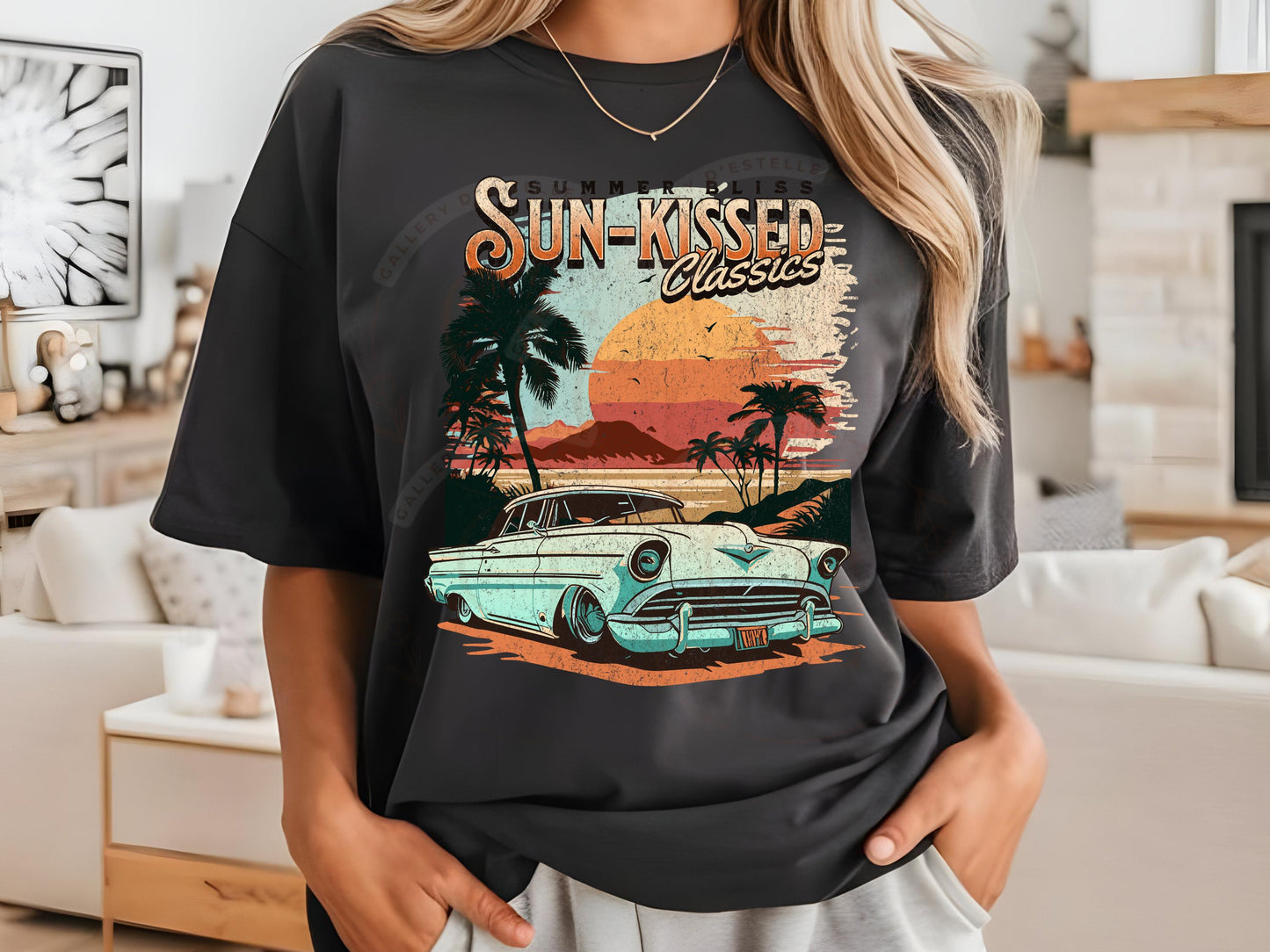 Sun-Kissed Classics PNG, Retro Vintage Race Car Graphic, Trendy Sunset Beach Coastal Shirt Design
