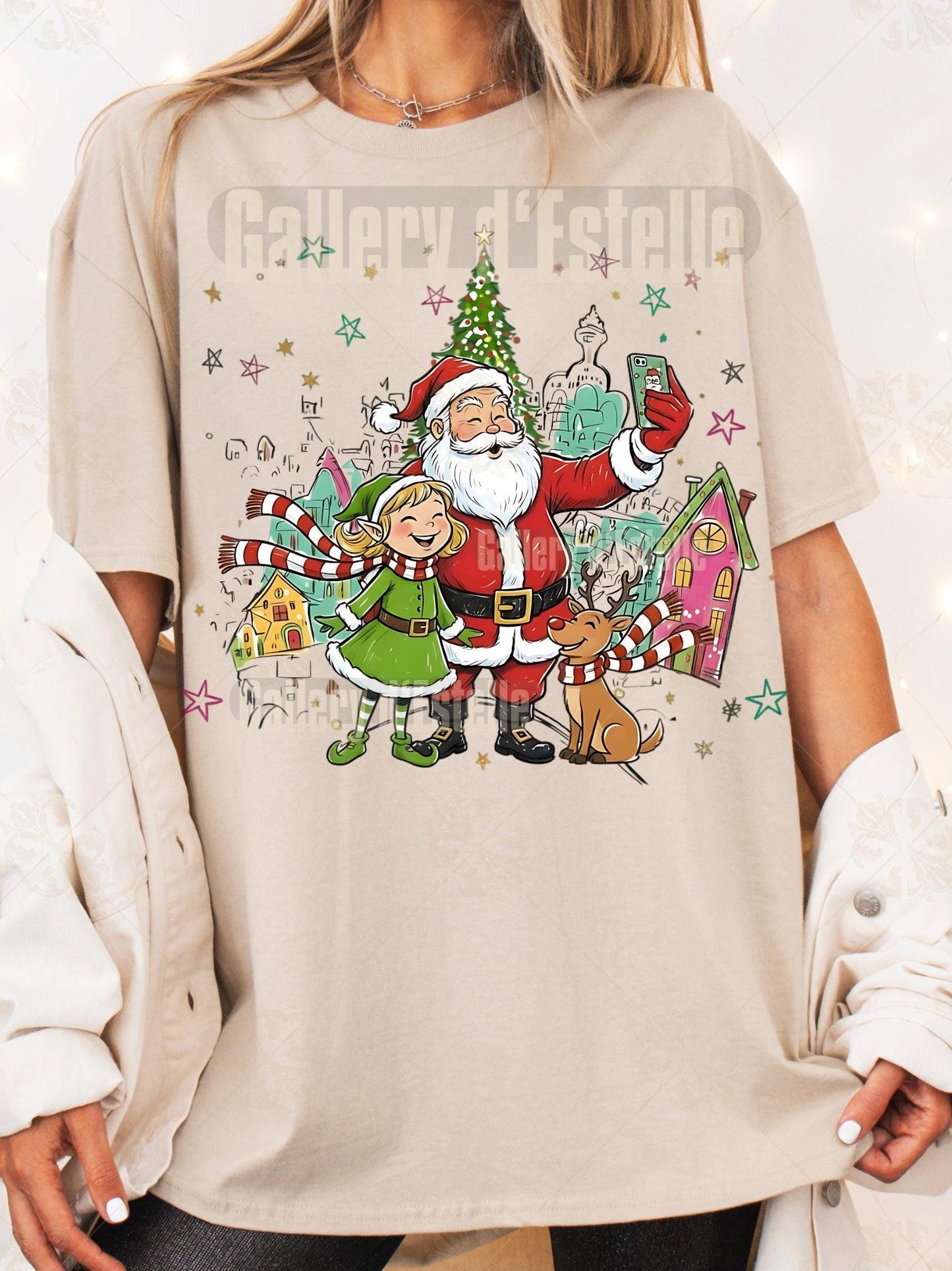 Retro Christmas Town PNG, Whimsical Santa and Elf Graphic, Preppy Holiday Scene Design, Festive Shirt Sublimation