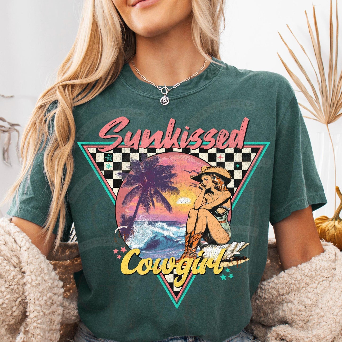 Sunkissed Cowgirl PNG, Retro Coastal Summer Vibes Graphic, Trendy Western Checkered Shirt Design