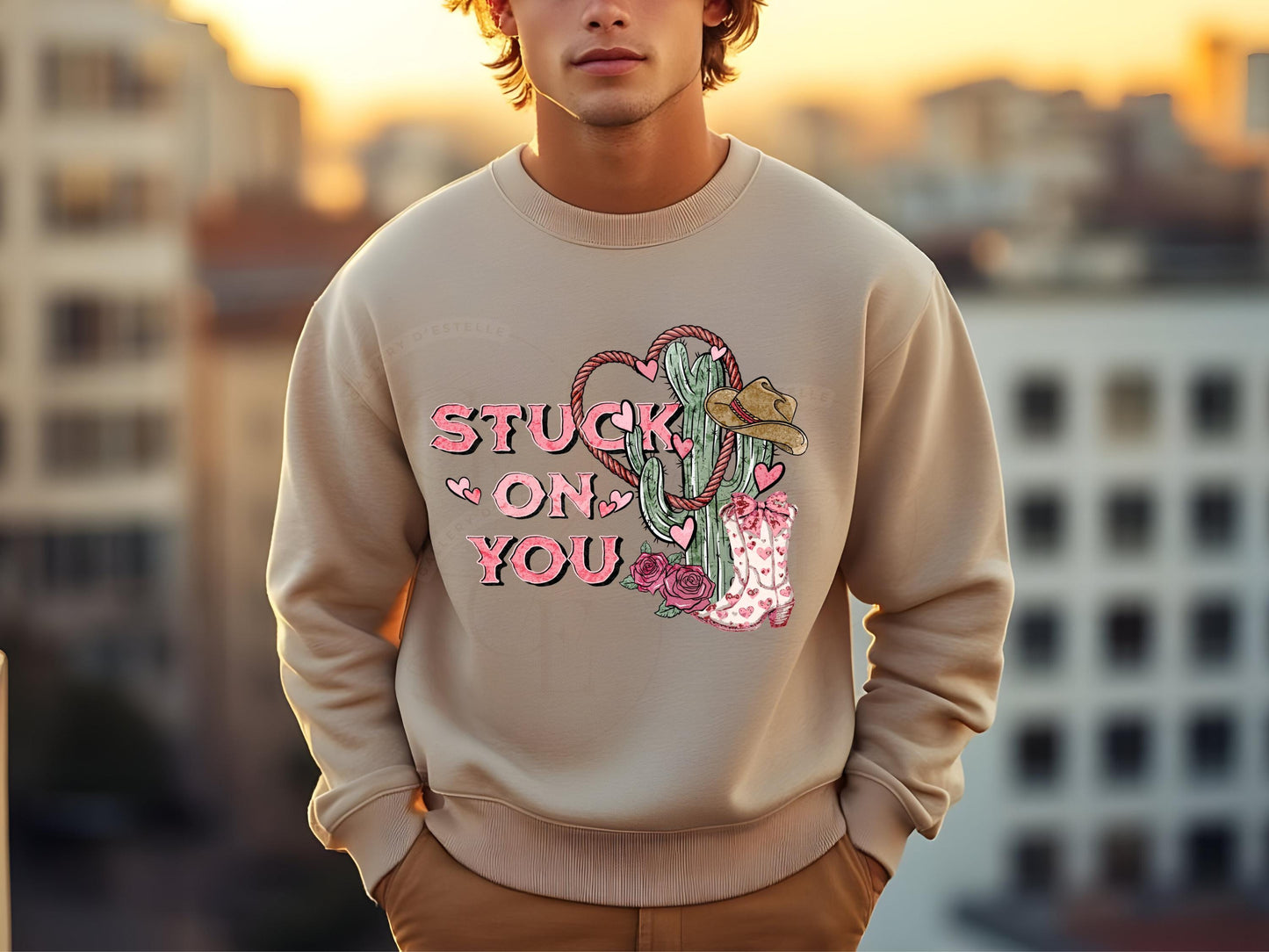 Stuck on You Western PNG, Rustic Cowgirl Cactus Art, Wild West Valentines Shirt Design