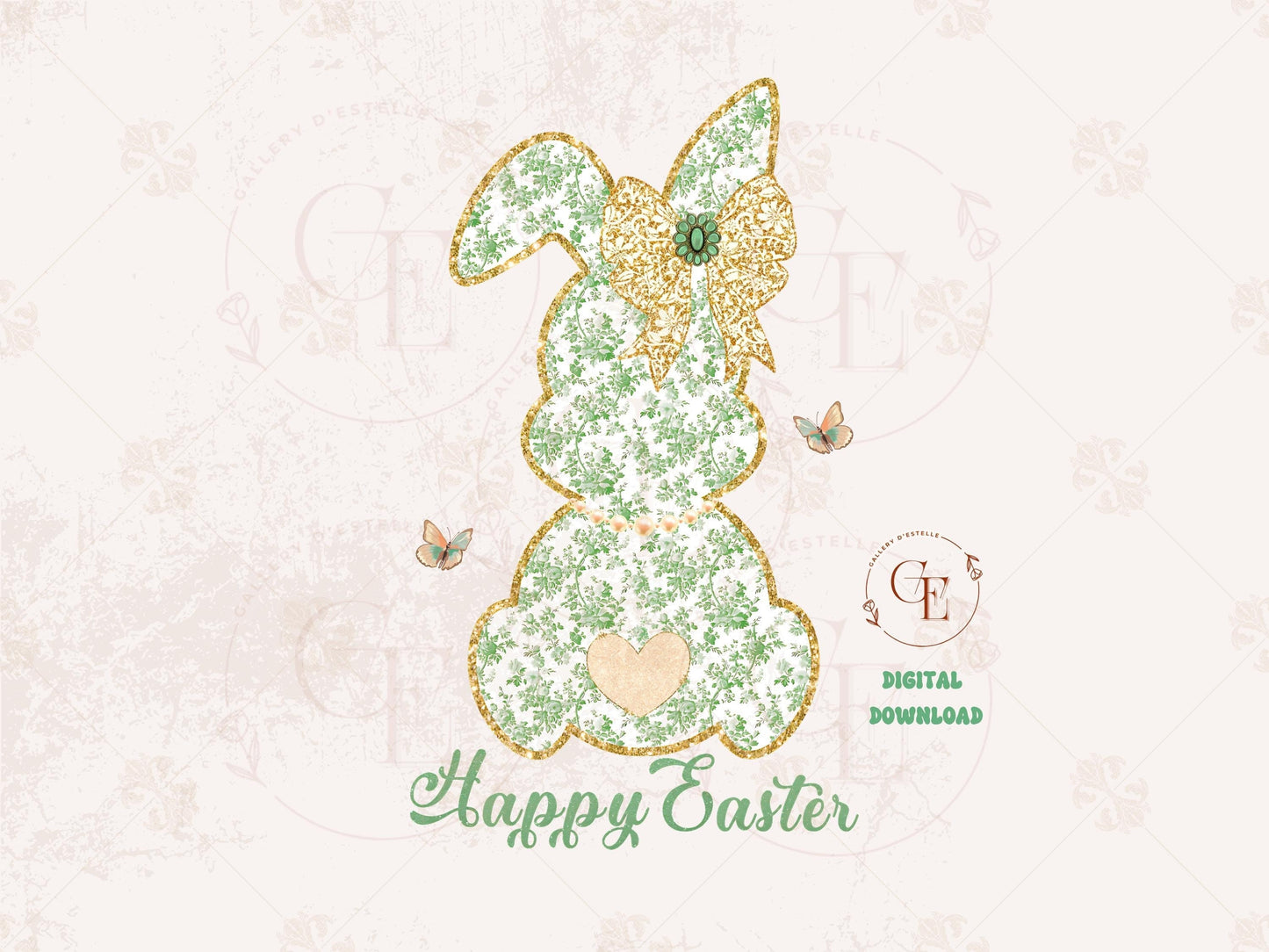 Coquette Green French Toile Bunny PNG, Vintage Glitter Lace Bow Graphic, Happy Easter Art, Country Chic Shirt Design