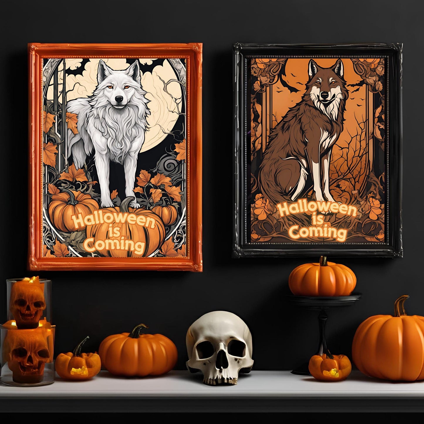 Halloween Wolves Wall Art Bundle, "House Spark" Spooky Halloween Art Nouveau Decoration