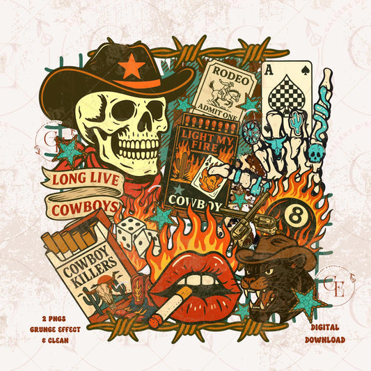Western Punk Collage PNG, Vintage Wild West Cowboy Skeleton Graphic, Edgy Tattoo Aesthetic Art, Trendy Country Shirt Design