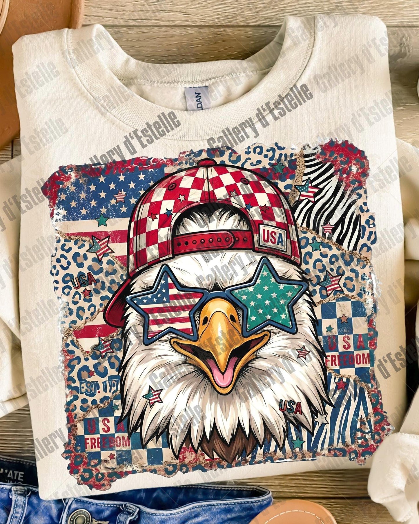 Retro American Eagle PNG, Preppy Patriotic Checkered Leopard Graphic, Trendy 4th of July Shirt Design