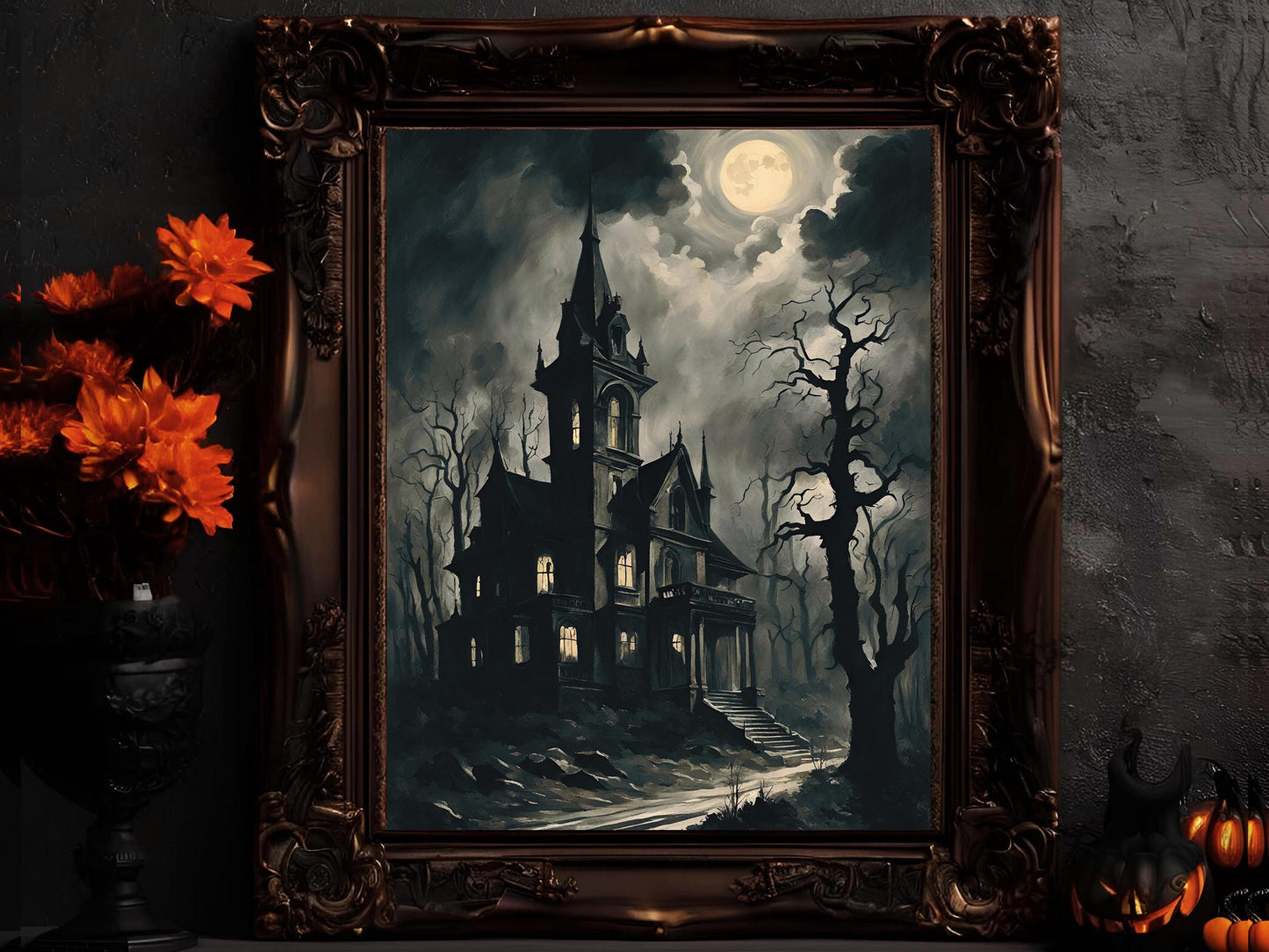 Haunted Castle Art, Victorian Gothic Wall Decor for Halloween, Spooky Edgy Dark Aesthetic Castle