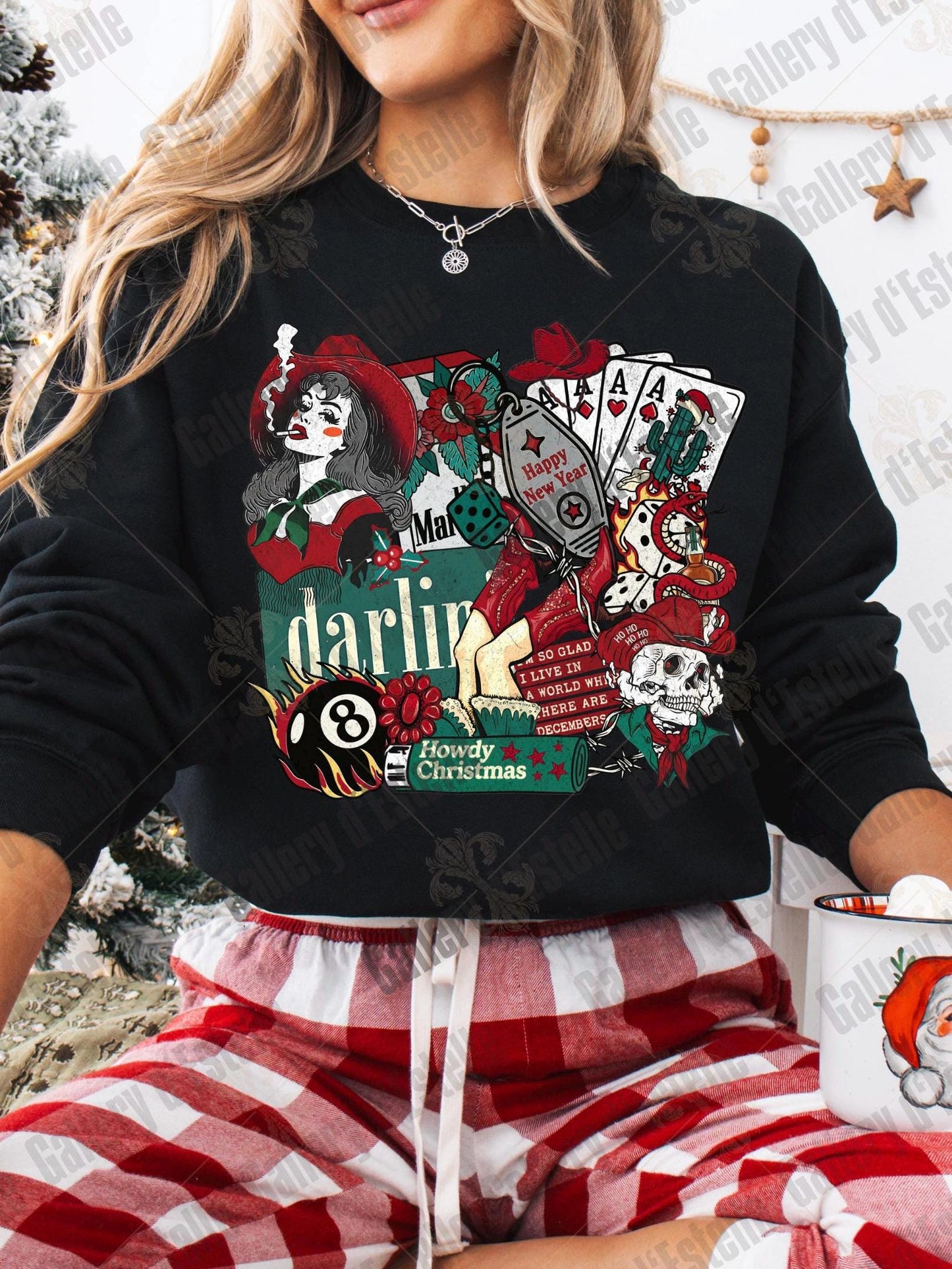 Western Cowgirl Christmas Collage PNG, Festive Cowboy Skeleton Graphic, Gothic Santa Holiday Design, Edgy Country Shirt Design