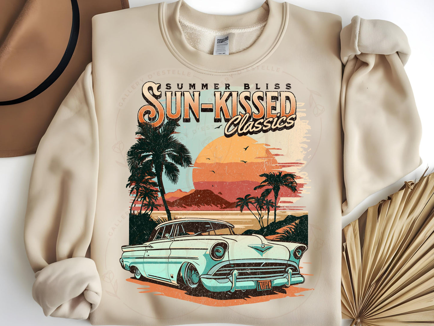 Sun-Kissed Classics PNG, Retro Vintage Race Car Graphic, Trendy Sunset Beach Coastal Shirt Design