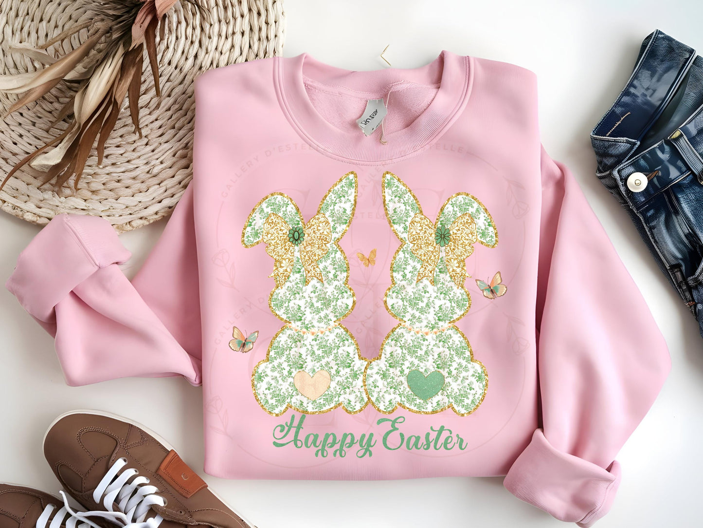 Coquette Green Toile Bunnies PNG, Vintage Glitter Lace Bow Graphic, Happy Easter Art, Country Chic Shirt Design